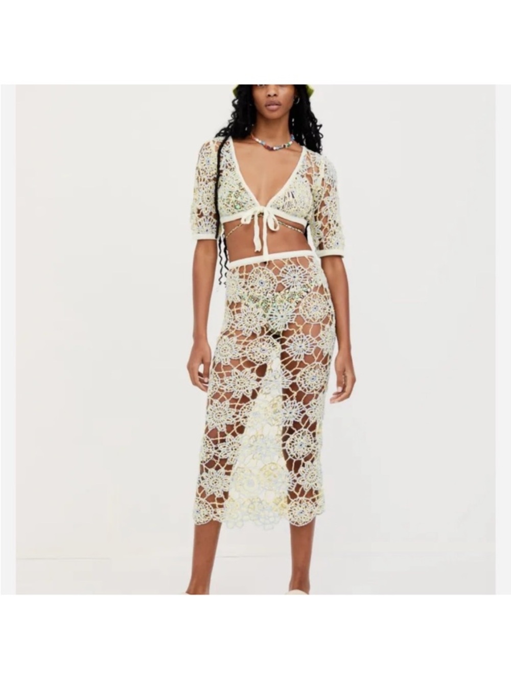 NWT For Love & Lemons Crochet Lace Swim Coverup blue and Yellow crochet skirt S